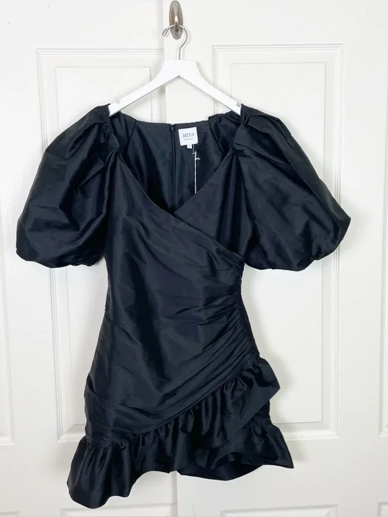 MISA Los Angeles Sybil Black Taffeta Mini Dress LBD Puff Sleeve NWT Sz S - Picture 2 of 10